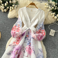 Summer V-Neck A-Line Maxi Dress for Women Empire Printed Dress