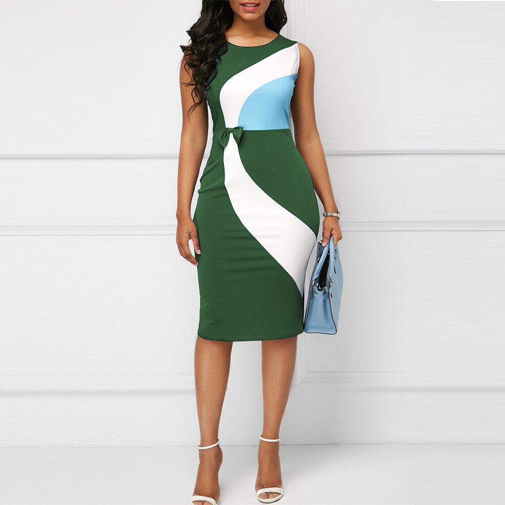 Sexy Geometric Splice Contrast Color Bodycon Dress for Women O-Neck Sleeveless Bow Office Work Vestido Summer Female Clothing