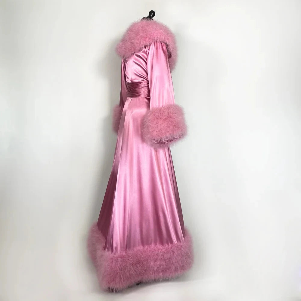 Women's Bathrobe Evening Dresses Feather Elastic Silk Pink Nightgown Pajamas Sleepwear Lingerie Women Occasions Gowns Housecoat