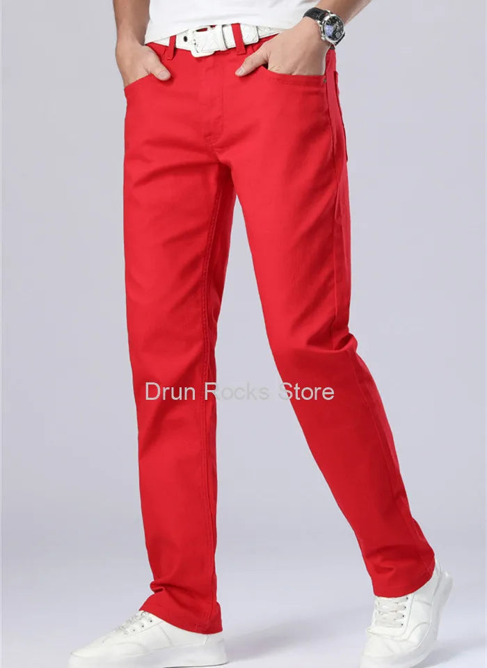 White Jeans Men Plus Size 36 38 40 Loose Oversized Red Trousers Stretched Denim Mens Casual Slim Fit Straight Elastic Man Pant