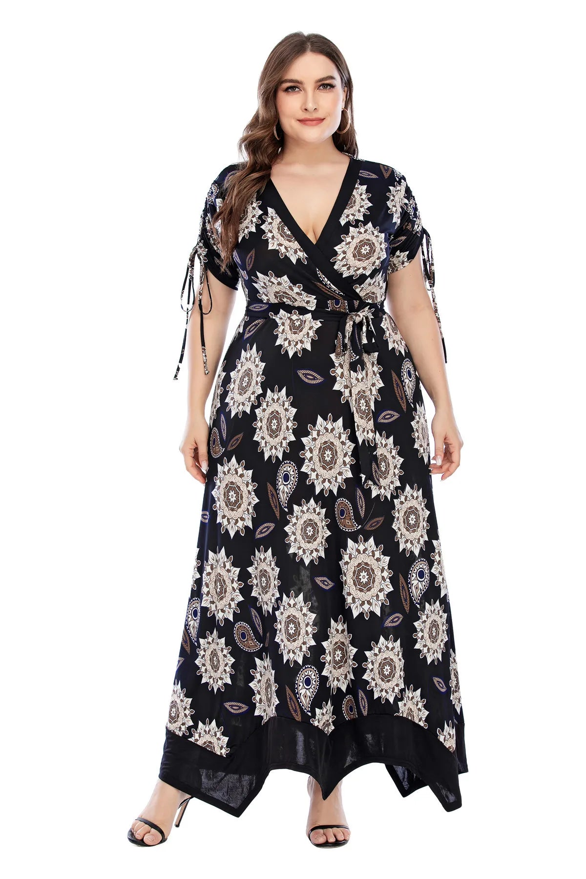 4XL 5XL Plus Size Women Clothing 2021 Summer Women V Neck Short Sleeve Geometric Print Causal Dress Maxi Long Dresses