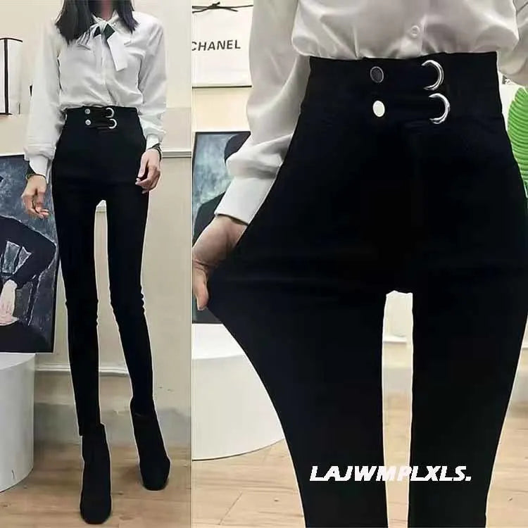 2022 Autumn Spring New Black leggings Casual Elastic High Waist stretch feet pants women's Metal Buttons was thin Pencil Pants