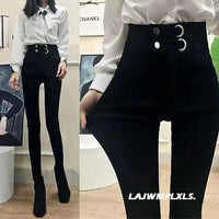 2022 Autumn Spring New Black leggings Casual Elastic High Waist stretch feet pants women's Metal Buttons was thin Pencil Pants