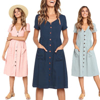 Green Blue A Line Casual Dresses Women Summer Dress 2021Vintage Short Sleeve Robe For Ladies Buttons V Neck Midi Vestidos Female