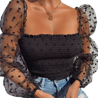 Sexy Mesh See-through Women Blouse Square Neck Polka Dot Puff Tube Top Sheer Long Sleeve Elastic Shirt Clubwear Party Streetwear