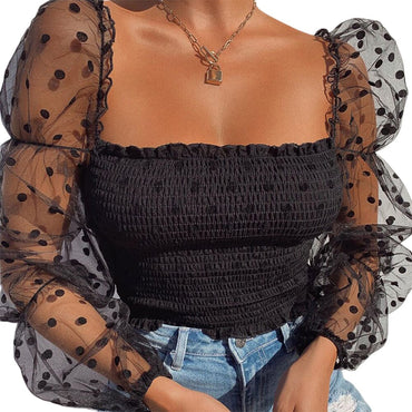 Sexy Mesh See-through Women Blouse Square Neck Polka Dot Puff Tube Top Sheer Long Sleeve Elastic Shirt Clubwear Party Streetwear