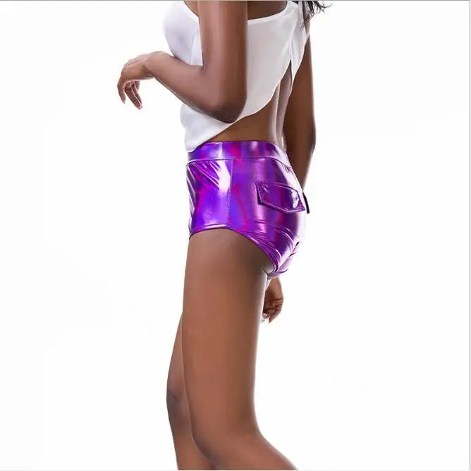 PU Flashing Metallic Colors Hot Shorts Sexy Elastic Waist Drawstring Short Pants Women Running Jogging Gyms Fitness Sport