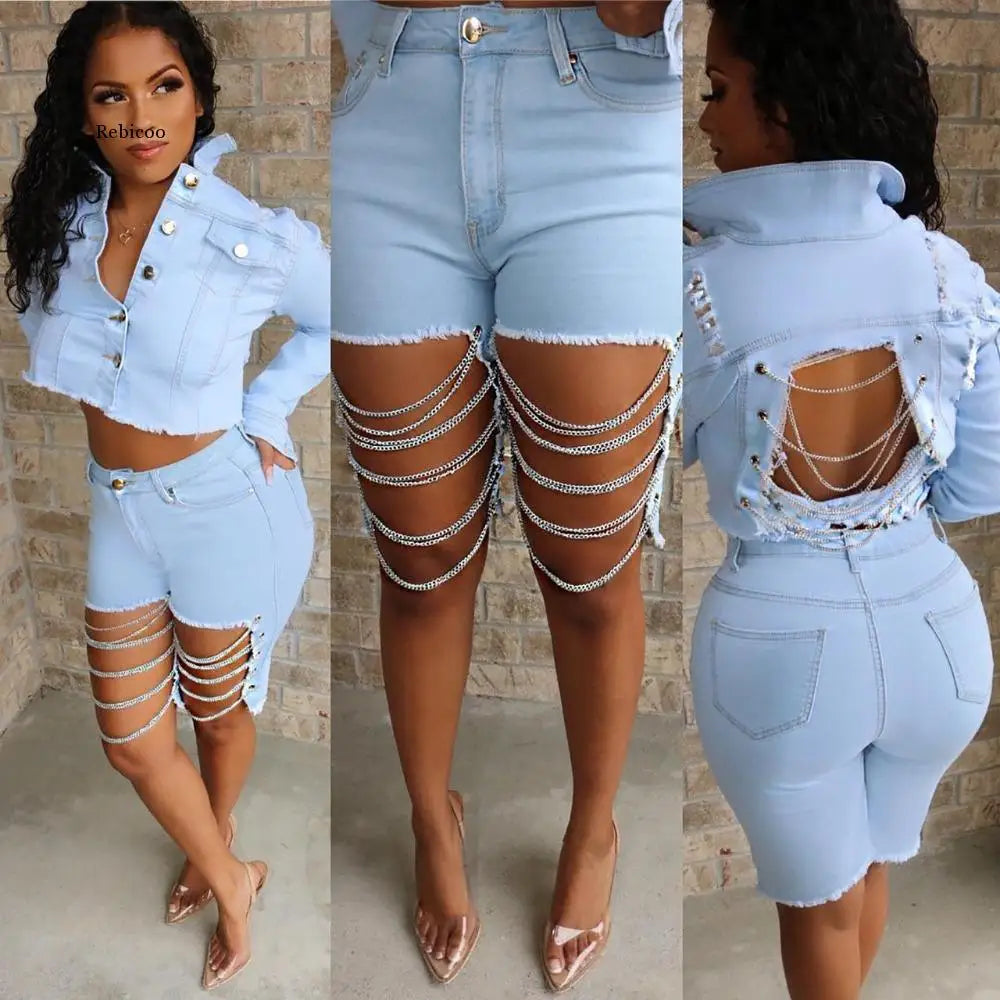 New Women Summer Streetwear Chain Hollow Out Black High Waist Knee Length Pants Light Denim Jeans Skinny Short Pants Blue