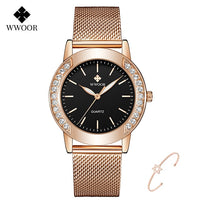 WWOOR Luxury Diamond Ladies Watches 2022 Top Brand Fashion Women Quartz Wrist Watch Rose Gold Mesh Band Bracelet Watch For Women