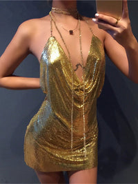 Sibybo Gold Sequins Diamonds Sexy Night Party Dress Women Sleeveless Halter Backless Mini Dresses Femme Clubwear V-Neck Vestidos