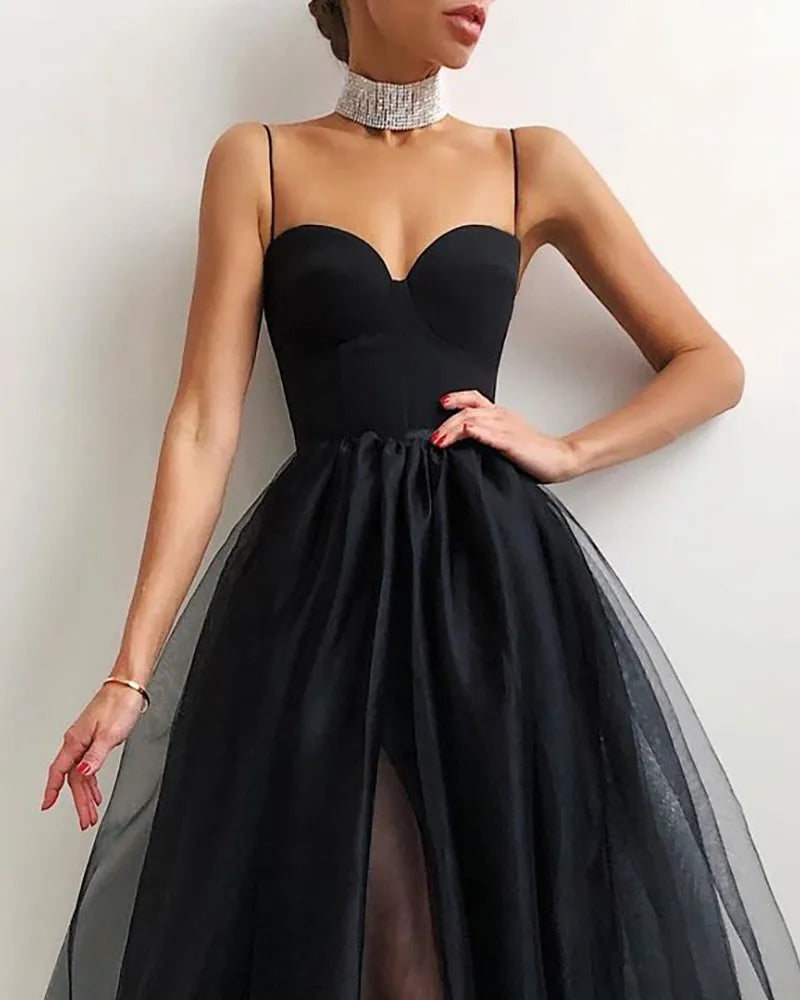 Women Summer Cocktail Dress Solid Color Spaghetti Strapless Tulle Tutu Dress Party Elegant Side Slit Braces Mesh A-Line Vestido