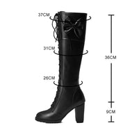 Winter Sweet Women Knee High Boots PU Leather Round Toe 7cm High Block Heels Bowtie Lace-up Lolita Lady Zipper Long Riding Boots