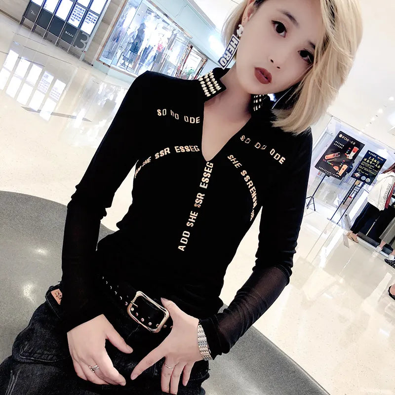 Korean Fashion Patchwork Sexy Mesh Tshirt 2021 New Autumn Winter Women Long Sleeve Embroidery Letter Top Camiseta Mujer T97917