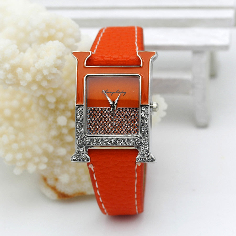 Casual Female Square Shaped WristWatch Leather Paint Rhinestone Designer Ladies Clock Women Dress Luxury Quartz Crystal Watch