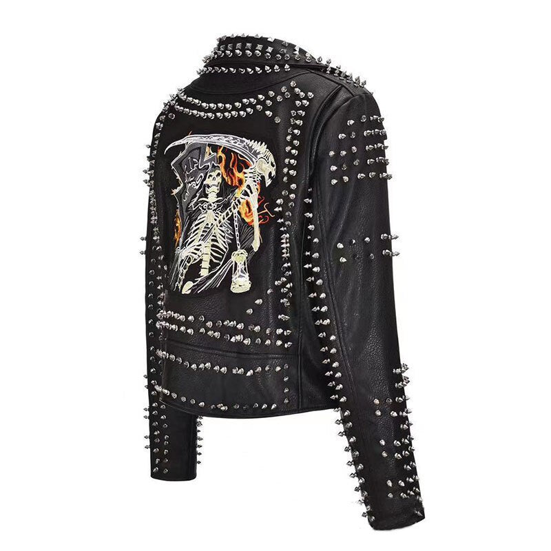 Sexy Women Spring Rivet Death Patch Fuax Leather Jackets For Punk Rock Rivet Streetwear