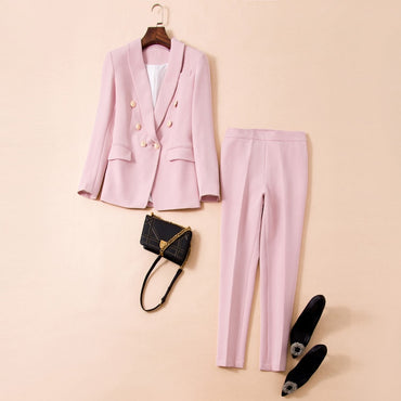 Pink Black Pant Suits Two Pcs Sets Women&#39;s Pantsuit Apricot Business Double-breasted Buttons Nine Blazer Pants Formal Suits 2021