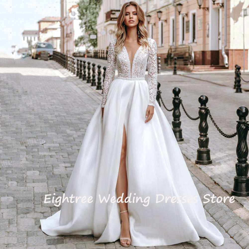 Eightree Long Sleeve Lace Wedding Dresses Satin V Neck Bridal Dress High Split A-line 2020 Wedding Gown Plus Size Robe de mariee