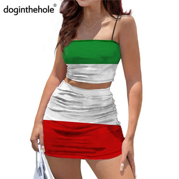 Flag Color Patchwork Print Women Short Dress Suits Sexy Sling Top Tube Bodycon Skirt Outfits for Evening Club Jamaica Portugal
