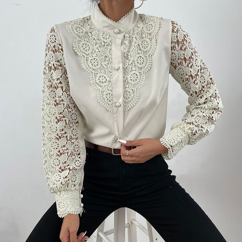 Shirts Elegant Office Ladies White Collared Lace Patchwork Hollow Out Button Up Womens Tops And Blouses 2022 Fashion New Blouse