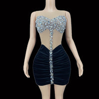 Women Sexy Stage Sleeveless Mesh Crystals Rhinstones Transparent Short Mini Dress Evening Birthday Wedding Stretch Dance Dress