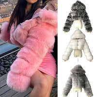 Winter Warm Fashion Hooded Faux Fur Coat Women S-3XL Furry Overcoat Elegant Plush Crop Jacket Femme Color Daily Casual