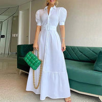 Vintage Puff Sleeve Women Party Maxi Dress Elegant Striped Office Lady Long Dresses Fashion Turn-down Collar Button Shirt Dress