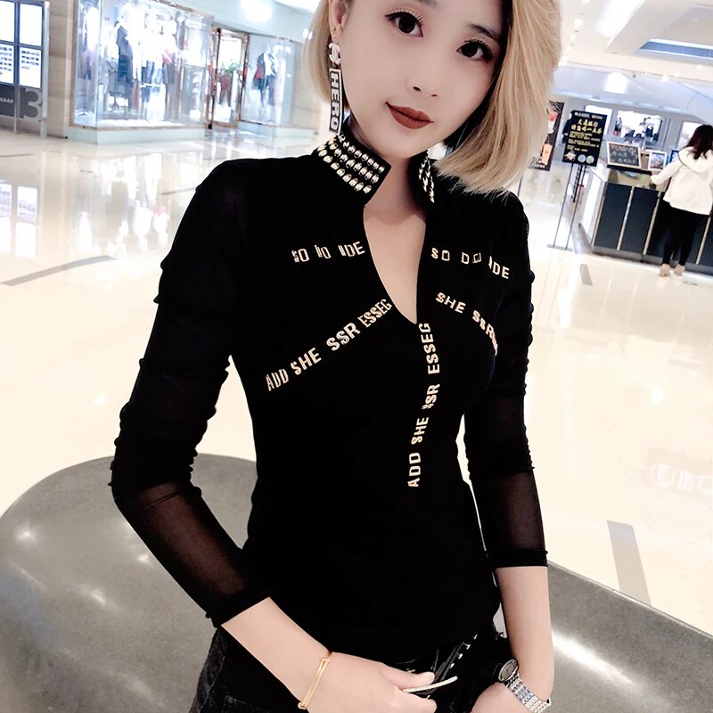 Korean Fashion Patchwork Sexy Mesh Tshirt 2021 New Autumn Winter Women Long Sleeve Embroidery Letter Top Camiseta Mujer T97917