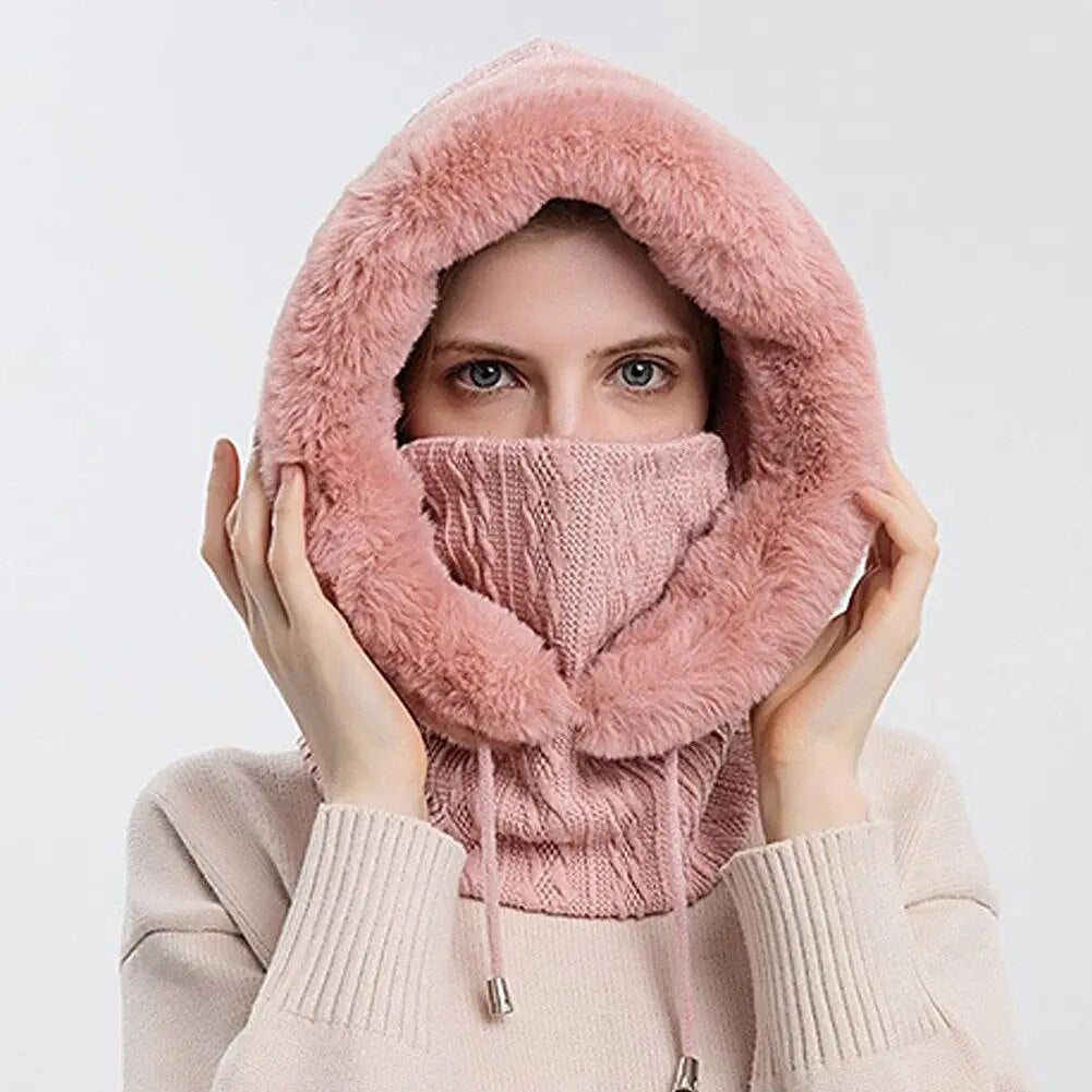 Winter Women 3in1 Knitted Ski Hat With Scarf Neck Warmer Fleece Lined Hood Face Mask Adult Balaclava For Outdoor Sports