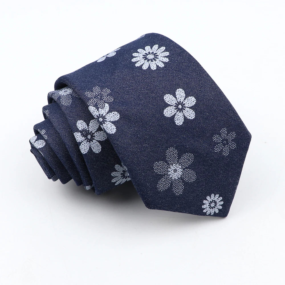New Cotton Denim Ties For Men 7CM Floral Feather Dot Blue Neck Tie For Wedding Party Casual Print Slim Neckties Daily Wear Gift