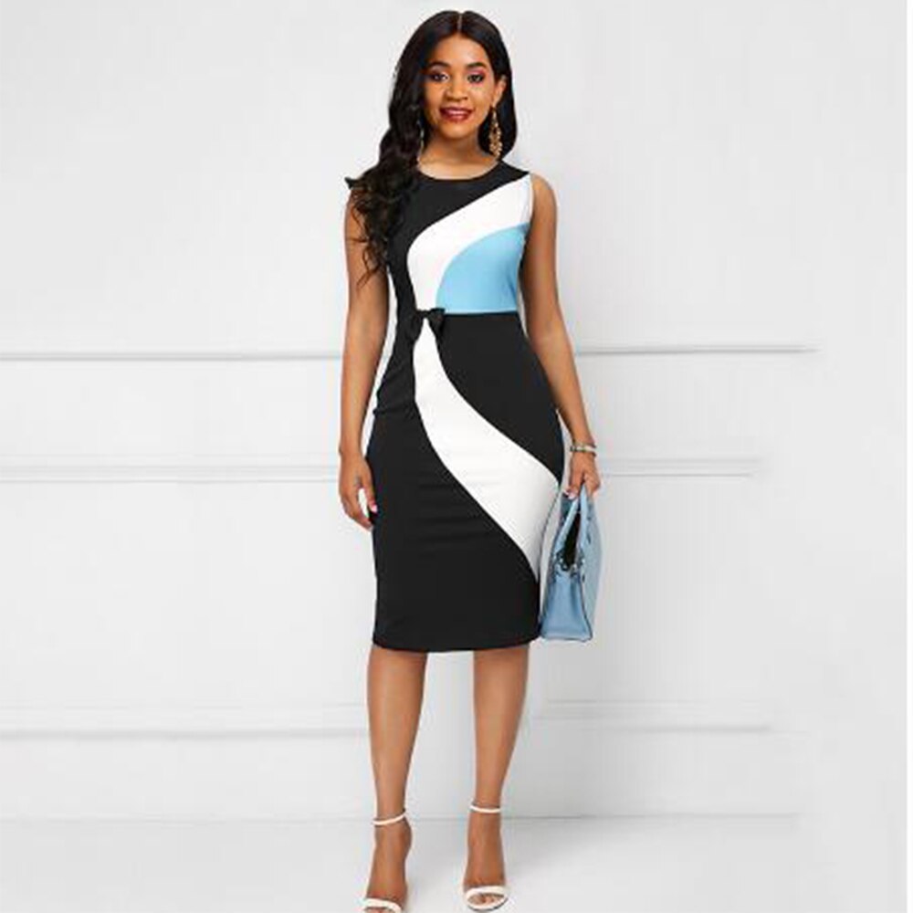 Sexy Geometric Splice Contrast Color Bodycon Dress for Women O-Neck Sleeveless Bow Office Work Vestido Summer Female Clothing