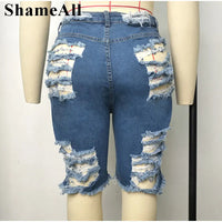 Plus Size Broken Worn Edges Sexy Ripped Hole Tassel Denim Shorts 4XL Women Casual Skinny High Waist Push Up Cut Out Short Jeans