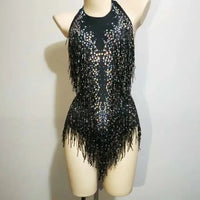 Sparkly Crystals Fringes Bodysuit Sexy Tassel Leotard Jazz Dance Costume One-piece