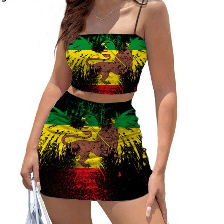 Lion Print Jamaica Flag Pattern Sexy Stylish Women Mini Dress Halter Spaghetti Strap