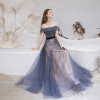 Dubai Dark Blue Evening Dresses Sexy Off Shoulder New Arrivals Luxury Beaded Beading Formal Gown for Women