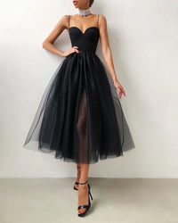 Women Summer Cocktail Dress Solid Color Spaghetti Strapless Tulle Tutu Dress Party Elegant Side Slit Braces Mesh A-Line Vestido