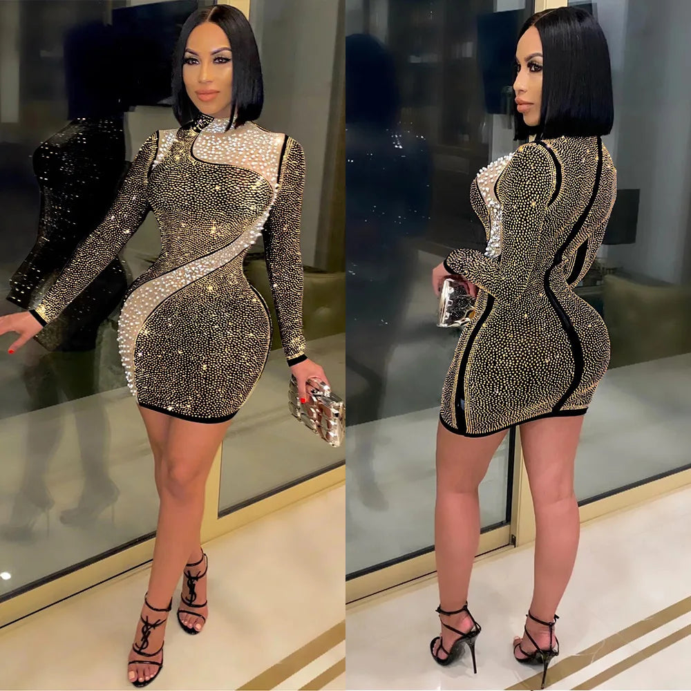 BH232 Women Sexy Hot Diamond Patchwork Pearl Evening Party  Dress