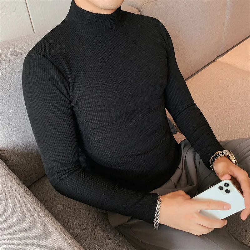 Turtleneck Men Autumn Winter Long Sleeve T Shirt For Men Clothing Simple Slim Fit Casual Men's T-shirts Striped High Quality Hot