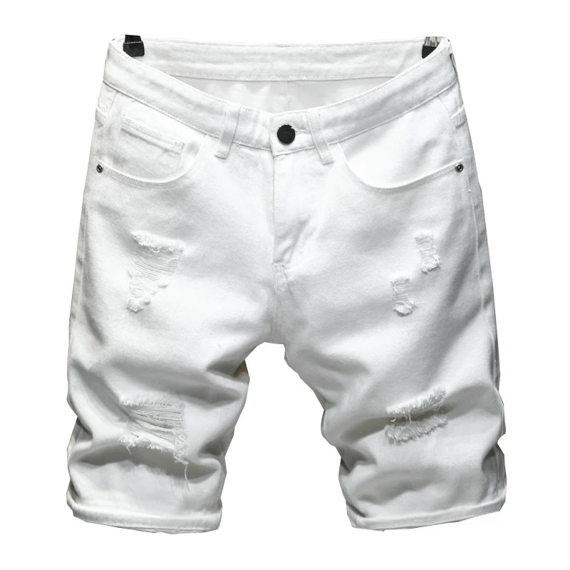 new White jeans shorts men Ripped Hole Frayed Knee length classic simple Fashion Casual Slim Denim shorts Male high quality