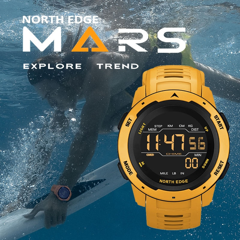 NORTH EDGE Mars Men Digital Watch Men&#39;s Military Sport Watches Waterproof 50M Pedometer Calories Stopwatch Hourly Alarm Clock