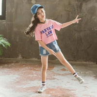 2023 Kids Girls Clothes Set Summer Short Sleeve T-shirt + jeans shorts hot pants Outfits Baby Clothing 4 5 6 7 8 9 10 11 12 year