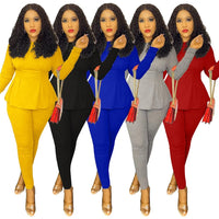 Elegant Two Piece Set Women Outfits Autumn Winter Work Wear Peplum Ruffles Tops and Pants Suit Office Lady Bodycon Matching Sets