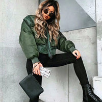 2020 stylish lady autumn winter green short jackets  zipper bomber jacket outwear