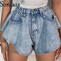 2021 Summer Women Casual Ripped Denim Shorts Sexy High Waist Ruffle Hem Loose Ruched Jean Short Female Fashion Street Clothing