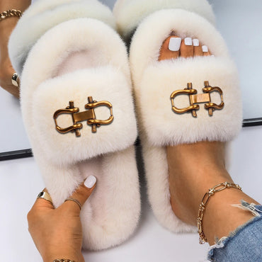 Fashion Slippers Women Buckle Decor Furry Slides Ladies Fluffy Flip Flops Luxury Designer Fur Sandals Cute Slippers Casual Shoes