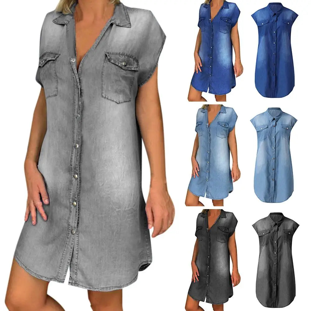 Fashion Women Dress Turn Down Collar Single-breasted Pockets Knee-length Vintage Denim Dresses for Women Summer 2021