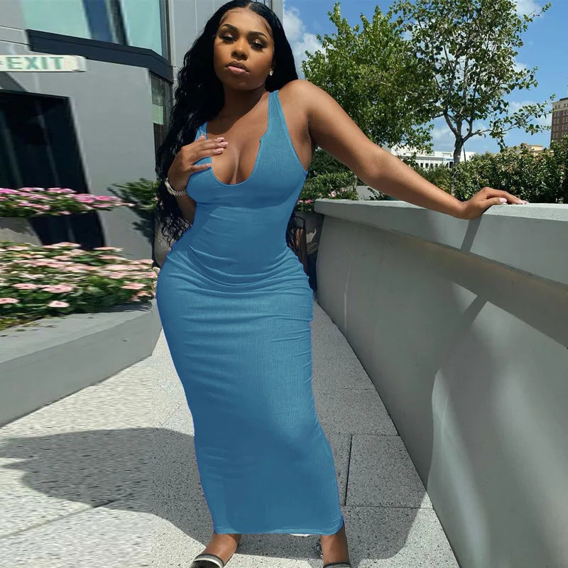 Women Close-fitting Sexy Ribbed Summer Sundress Solid Color Sleeveless Mega Mart Center Women Close-fitting Sexy Ribbed Summer Sundress Solid Color Sleeveless Mega Mart Center