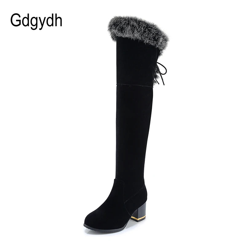 Gdgydh Natural Fur Winter Boots Women Knee High Long Boots Square Heel Winter Shoes Woman Waterproof Rubber Sole Plus Size 46