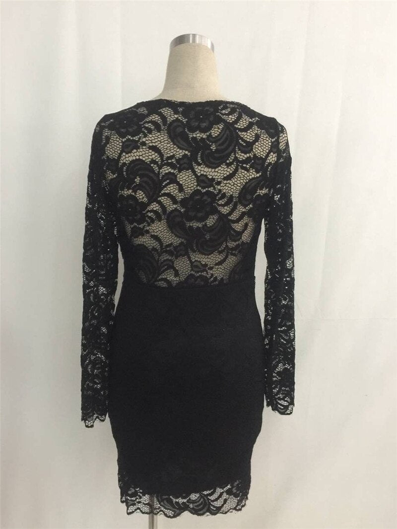 Sexy Autumn Black Long Sleeve Lace Dress Women Hollow Out O-Neck Club Party  Dress