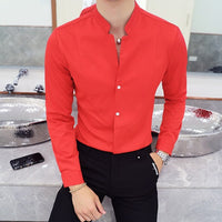 New Men Business Shirts Black/White Fashion Elegant Male Stand Collar Long Sleeve Tops Homme Wedding Party Dresses