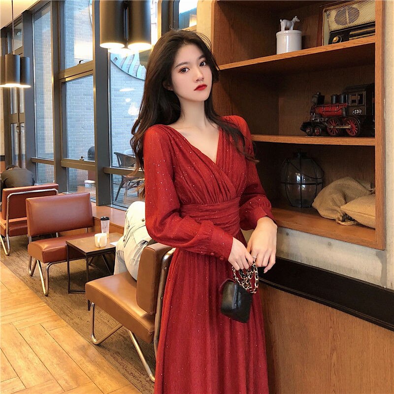 Women Dress Autumn V-Neck Long Sleeve Shiny Midi Dress A-Line Evening Night Party Elegant Dress Red Black Pink vestidos 2021